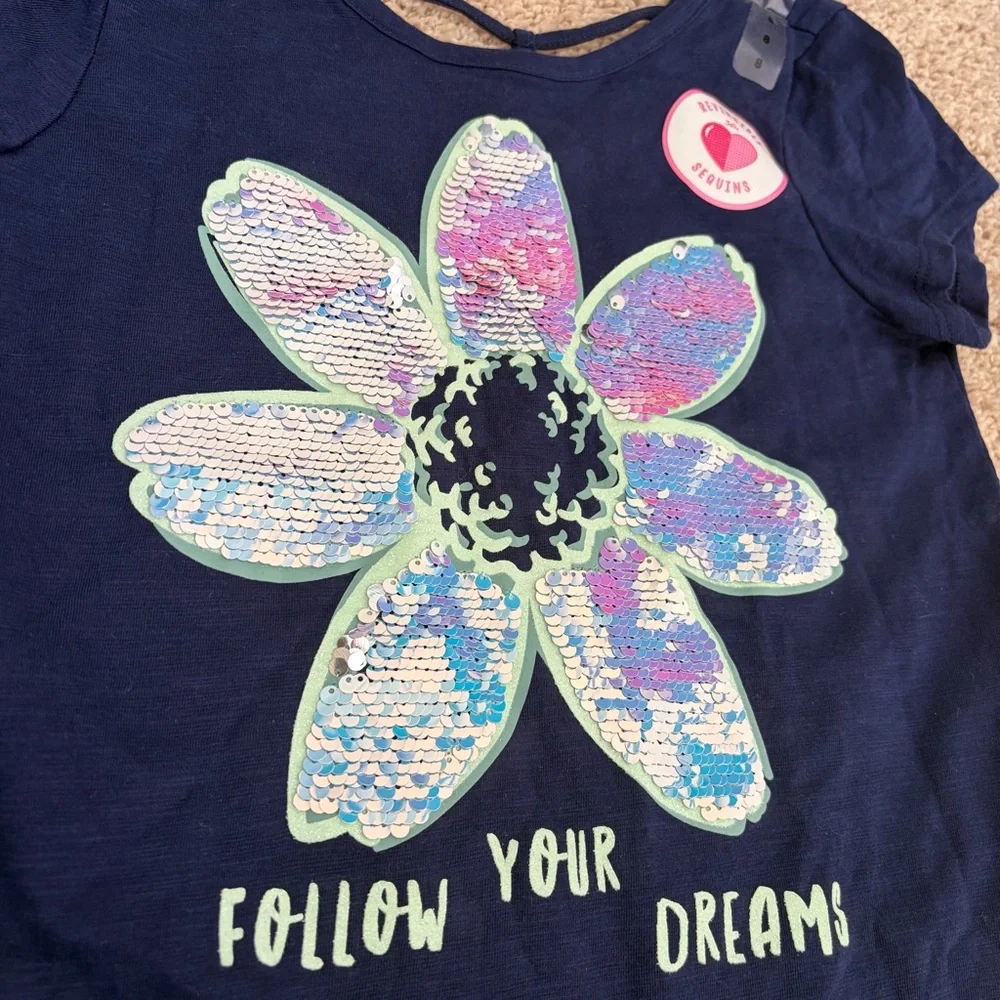 Justice Navy Tee with Flip Sequin Flower Design Size 8